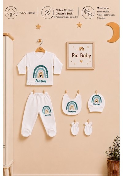 Pia Baby Kişiye Özel Erkek Bebek Zıbın Set 6 Parça %100 Pamuk İsimli Organik Baskılı Battaniyeli 1092bzyx Krem