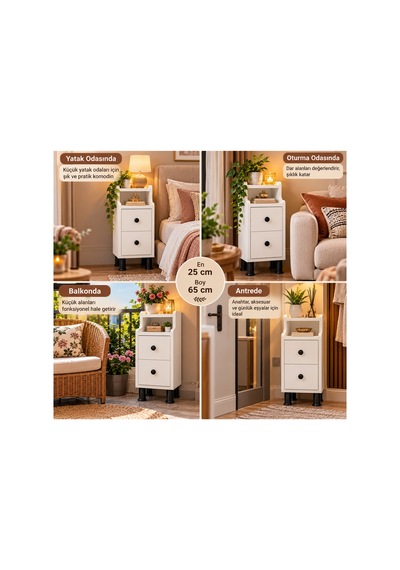 Çok Amaçlı Modern Yan Sehpa Organizer Yatak Odası Komodin 25cm Ahşap Görünümlü Ev Tamamlayıcı Beyaz - 926882295 Beyaz