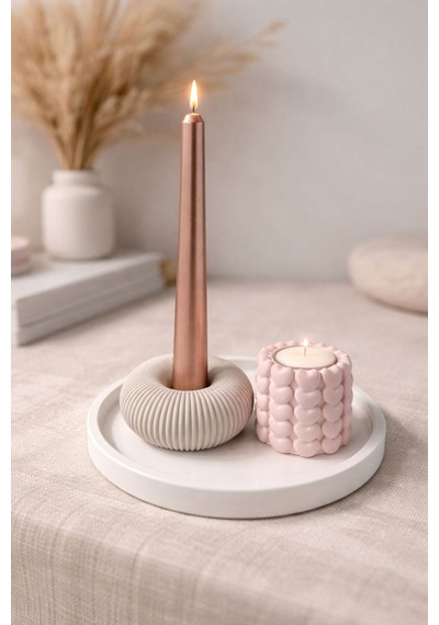 Tabaklı Modern Beyaz Şamdanlık Ve Pudra Pembe Kalpli Mumluk Set Pudra Pembe Beyaz