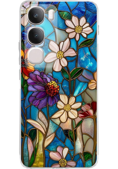 Printify Vivo Y19s İle Uyumlu Vitray Mavi Bahar Tasarımlı Şeffaf Silikon Kılıf Şeffaf