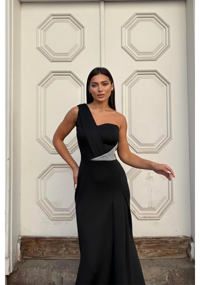 Lior Design Kadın Modern Tasarım Tek Omuz Taş Detaylı Abiye Elbise Siyah
