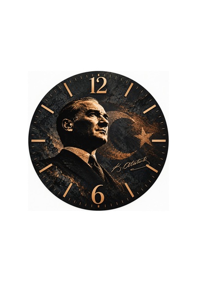 Atatürk Temalı 45 Cm Ahşap Sessiz Akar Mekanizmalı Uv Baskılı Dekoratif Duvar Saati Hediyelik 1103 Çok Renkli