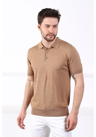 Ferraro Camel Polo Yaka Düz Renk Erkek Pamuk Triko T-Shirt-Camel