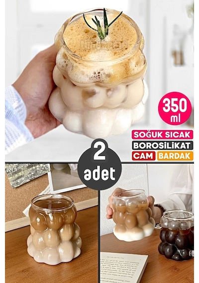 2li Boncuklu Bardak Meşrubat Su Kahve Sunum Bardağı Isıya Dayanıklı Borosilikat Cam Retro Bardaklar