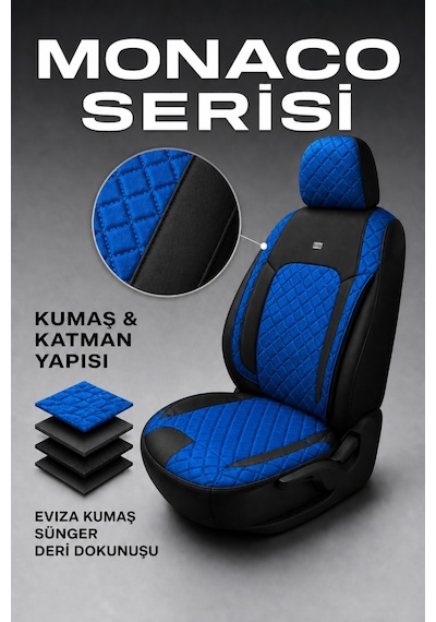Vw Golf 7 Kasa 2013-2020 Uyumlu Monaco Serisi Eviza Deri Detaylı Mavi Koltuk Kılıfı