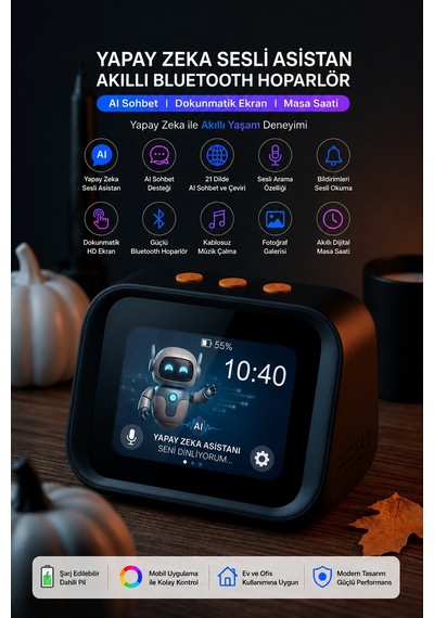 Yapay Zeka Sesli Asistan Akıllı Bluetooth Hoparlör AI Sohbet 21 Dil Çeviri Dokunmatik Ekran Dijital Masa Saati Bluetooth 5.4
