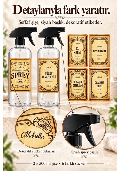 Alubrella 2 Li 500 Ml Şeffaf Boş Sprey Şişe Seti Ve 6 Lı Genel Amaçlı Etiket Amber
