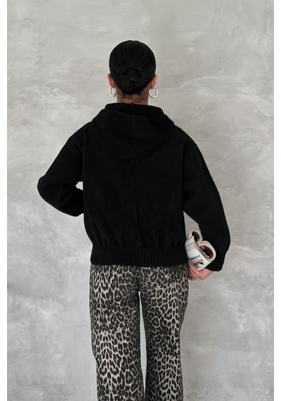 Femelle Kadın Siyah Standart Beden Kapüşonlu Peluş Triko Sweatshirt