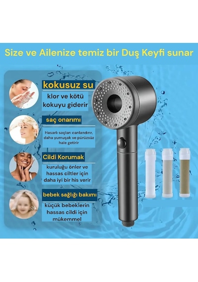 5 Adet Yedek Filtreli Yüksek Basınç Özellikli Duş Başlığı Su Tasa Gri