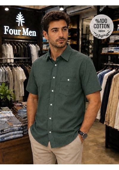 Eren Style Linen Keten Klasik %100 Cotton Kısa Kollu Terletmeyen Gömlek Koyu Yeşil