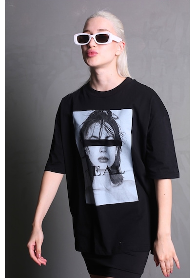 Madmext Siyah Oversize Baskılı Kadın Tişört Mg1764-siyah Siyah