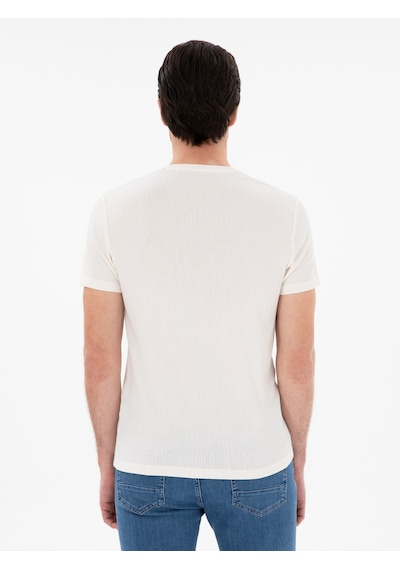 Beyaz Slim Fit Bisiklet Yaka Baskılı T-shirt