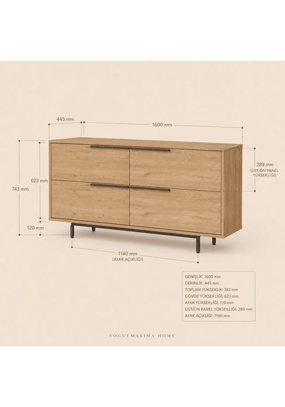 Voguemaxima Home Marina 4 Kapaklı Metal Ayaklı Konsol 160x44,5x74,3 Cm Sepet Bej