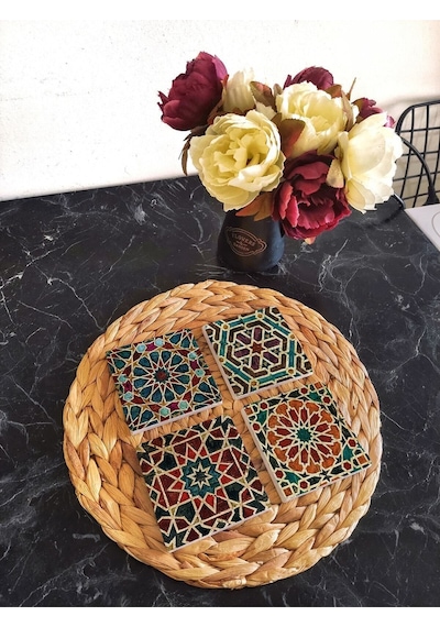 Doğal Taş Bardak Altlığı Geometrik Desenler- Selçuklu Desenleri 4'lü Set 10x10x1 Cm Stone Coasters Çok Renkli