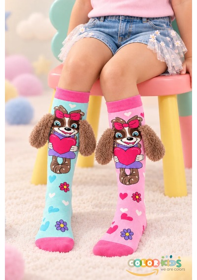 Color Socks 1 Çift Turkuaz & Pembe Peluş Kulaklı Sevimli Köpek Desenli Çorap Topuksuz Pembe - Turkuaz