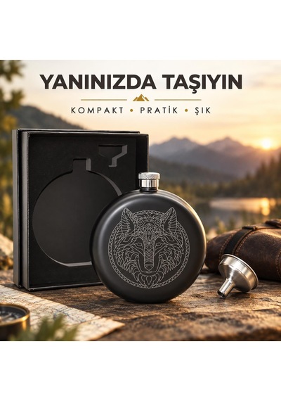 Kurt Desenli Paslanmaz Çelik İçki Matarası 240 Ml 8 Oz Cep Matarası Hunili Kamp Outdoor Erkek Hediye Siyah