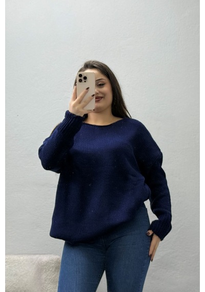 Belendir Kadın Düşük Kol Oversize Triko Kazak Lacivert