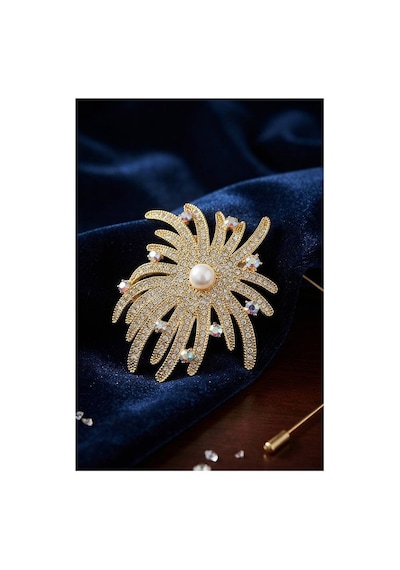 Zirkon Taşlı Gold Renk İnci Detaylı Broş Tj-br504 Evimdeyokyok