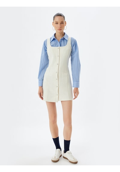 Koton Tüvit Jile Elbise U Yaka Kalın Askılı Düğmeli Cep Detaylı Slim Fit Ekru 5wal80018ıw