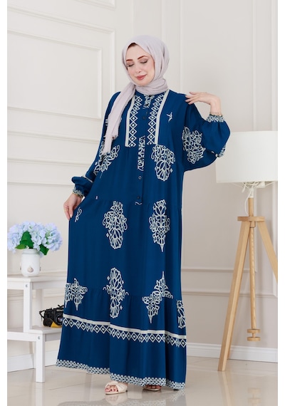 Sevitli Yarım Düğmeli Robalı Beyza Elbise-indigo-5143 İndigo