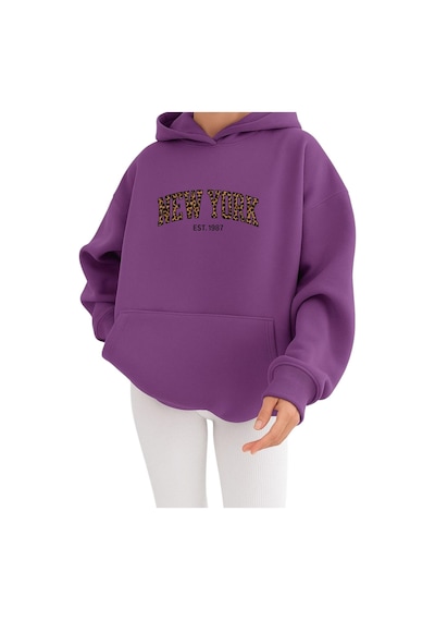 New York Baskılı Ünisex Kapüşonlu Sweat Mor