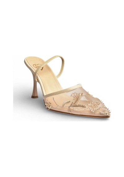 Fox Shoes Y752076315 Bej File Boncuk İşlemeli İnce Topuklu Kadın Ayakkabı