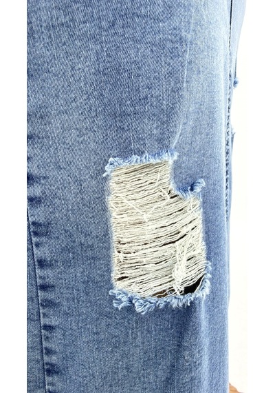 Büyük Beden Denim Kemerli Yırtmaçlı Kalem Etek Mavi