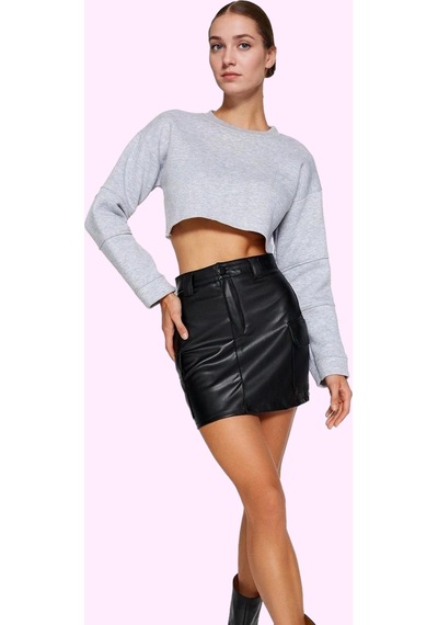 Frm Kadın Moda Stil Mini Astarsız Örme Suni Deri Kargo Cepli Yüksek B Siyah