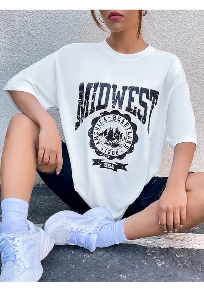 Beyaz Oversize Midwest Series 6 T-shirt - Oversize Baskılı Beyaz