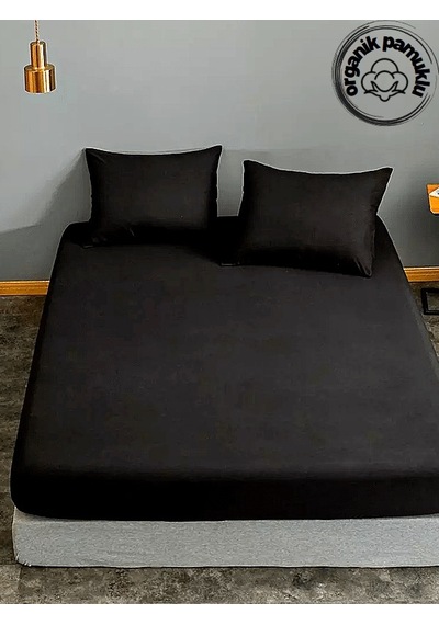 Lotus Çift Kişilik Lüks Pamuklu 160x200 Kumaş Lastikli Çarşaf Takımı  Yastıklı - Siyah