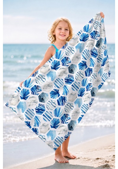Mavi Tropikal Geometrik Plaj Havlusu - Modern Marine Altıgen Hızlı Kuruyan Mikrofiber Havlu Kuru Tozu