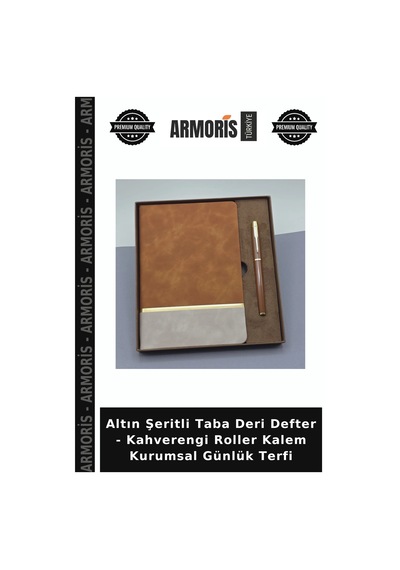 Altın Şeritli Taba Deri Defter - Kahverengi Roller Kalem Kurumsal Günlük Terfi Çok Renkli