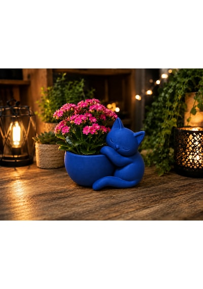 3d Baskı Sarılan Kedi Saksı - Sevimli Dekoratif Saksı - Mavi -