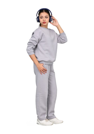 Erdem Kıds Unisex Kız-erkek Çocuk 3 İplik Şardonlu Pamuklu Basic Bisiklet Yaka Okul Eşofman Takımı Gri Gri