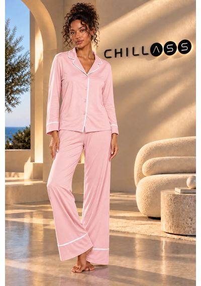 Chıllass Kadın Pamuklu Uzun Kollu Pijama Takımı Önden Düğmeli Pembe Pembe