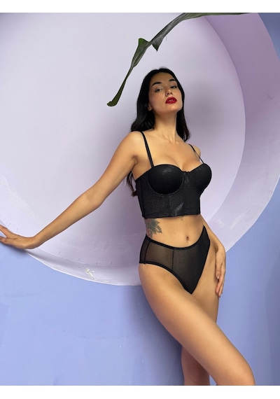 Kadın Destekli Gümüş Hologram Bustiyer Takım,tanga Siyah Simli İç Çamaşırı, Bralet Takımı Siyah