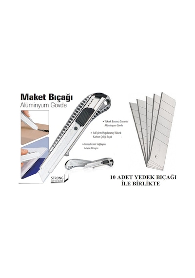 Bay-Tec Alümniyum Metal Falçata Maket Bıçağı + 10 Adet Yedek