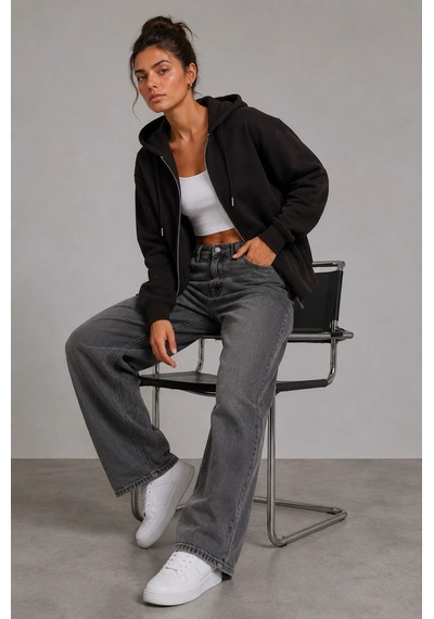 Bb Butik Basic Kadın Oversize Fermuarlı Kapüşonlu Sweatshirt Üç İplik Sweatshirt Hırka My3535 siyah