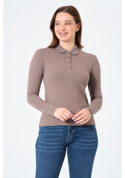 Msw Kadın Uzun Kollu Regular Fit Polo Yaka T-shirt Vizon