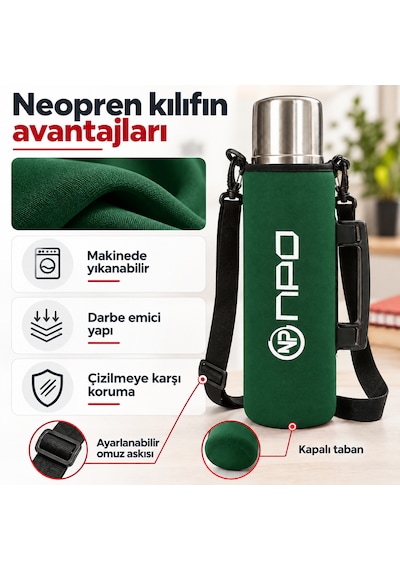 Npo Nt01 2 Katman Vakum Teknolojili 24h Sıcak 48h Soğuk 72h Buzlu Koruma Çelik Termos Yeşil Kılıflı