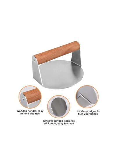 Devmeer Yuvarlak Smash Burger Presi,16 Cm,3 Mm 304 Paslanmaz Çelik Burger Presi, Ahşap Saplı Diğer