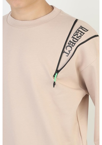 Mevsimlik Respect Baskılı 2 İplik %100 Pamuk 2 İplik Uzun Kollu Erkek Çocuk Sweatshirt-90931 Bej