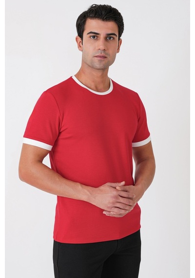 Efor Slim Fit Bisiklet Yaka Kırmızı-ekru Tişört Ts 932