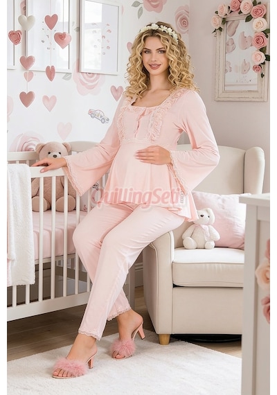 Quilling Bebe Pembe Renkli Dantel Detaylı, 33205 Uzun Kol, 2 Parça Lohusa Hamile Pijama Takımı Açık Pembe