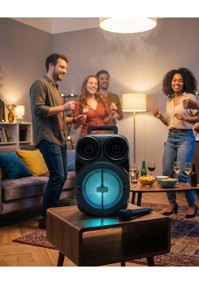 Bluetooth Taşınabilir Karaoke Hoparlör 6.5 İnç Mikrofonlu Rgb Işıklı Usb Tf Kart Destekli
