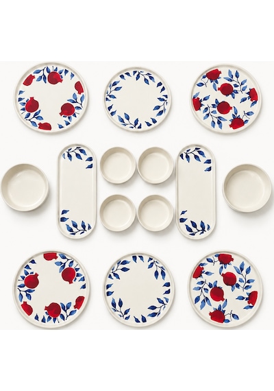 Nar 14 Parça 6 Kişilik Stackable Seramik Kahvaltı Takımı Nar Desenli Lüks Kahvaltılık Sunum Seti Beyaz