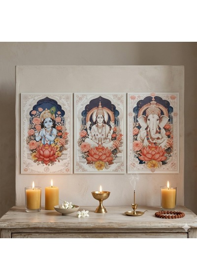 Bohem Hint Tanrıları Ahşap Tablo Serisi - 3 Parça Spiritüel Duvar Sanatı Seti - Ganesha, Vishnu, Krishna Özel Baskı Tablo