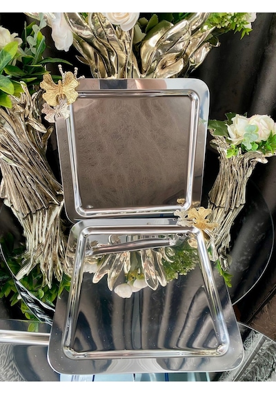 Atabey Home Collection 2 Adet Kahve & Çay & Sunum Tepsisi Metal Döküm Gümüş Tepsi Kelebek Aksesuarlı