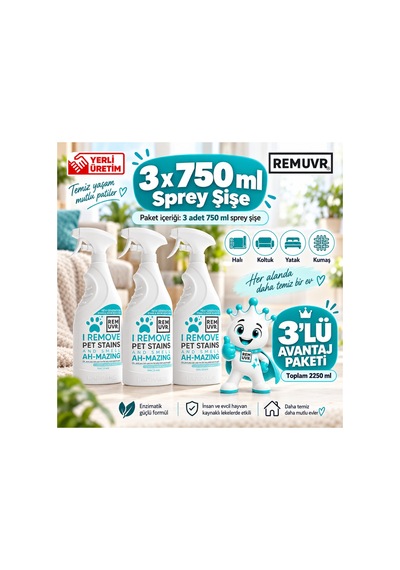 Leke Çıkarıcı Enzimatik Sprey 750 Ml Halı Koltuk Kumaş Kedi Köpek İdrar Ve Koku Giderici X 3 Adet Kedi Köpek, Halı Koltuk Yatak