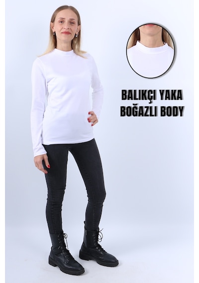 Kadın Balıkçı Yaka Uzun Kollu Body Beyaz